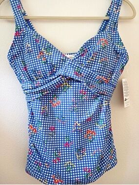 Lands' End Blue Gingham Floral Swim Top 26W